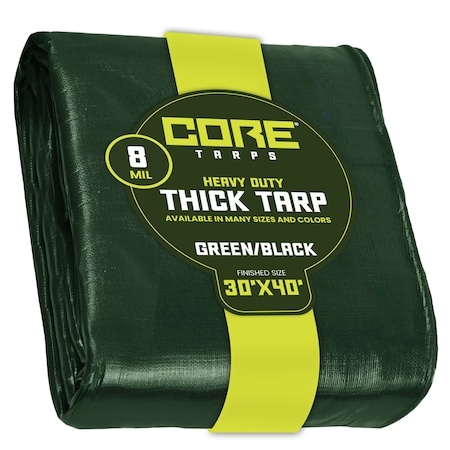 Core Tarps Heavy Duty Tarp, 40 ft L x 0.5 mm H x 30 ft W, 8 Mil, Green/Black, Polyethylene CT-403-30X40